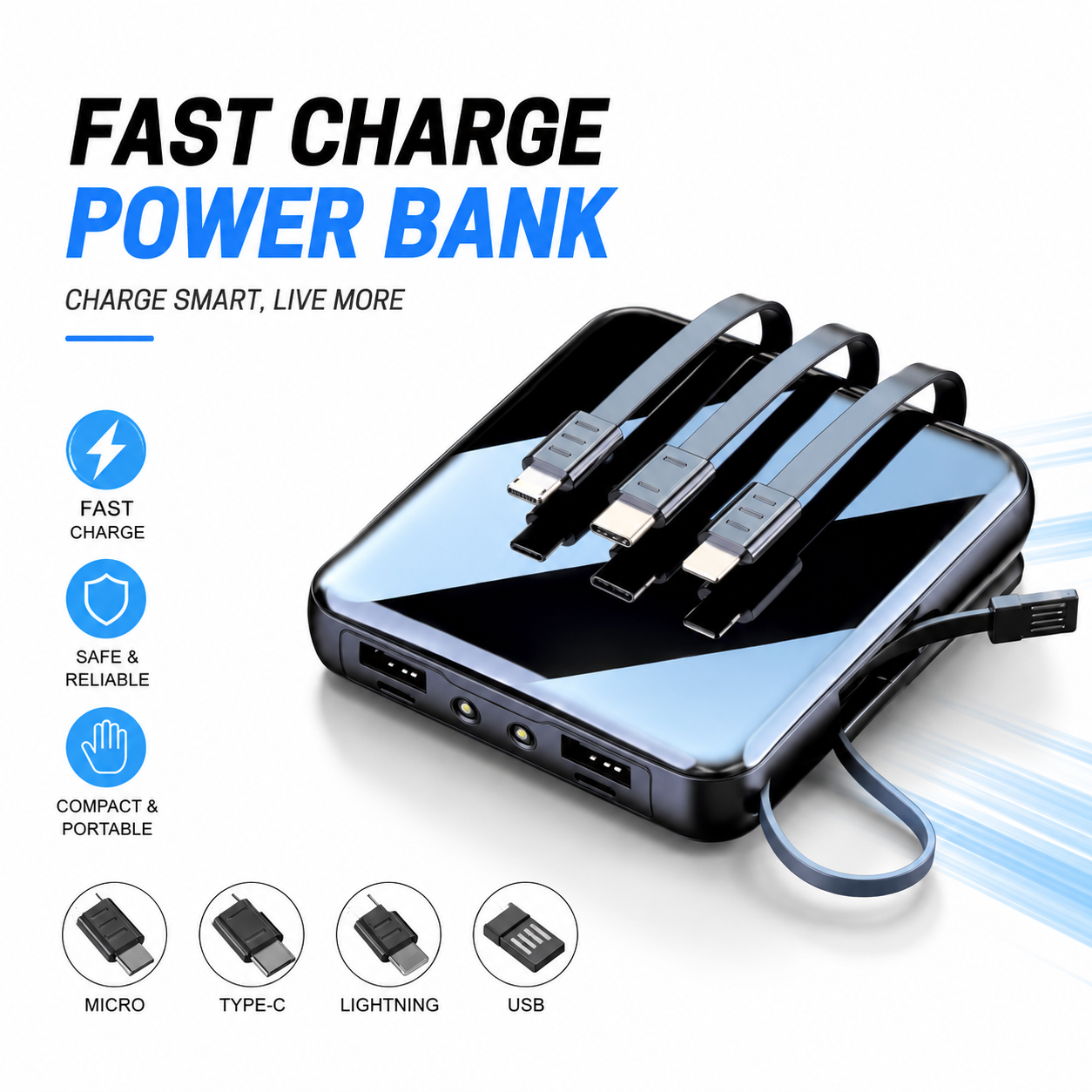Smart 10000mAh Fast Charging Power Bank – Portable TWS & Phone Charger with Built-in Micro, Type-C, Lightning & USB Cables Code: 13170