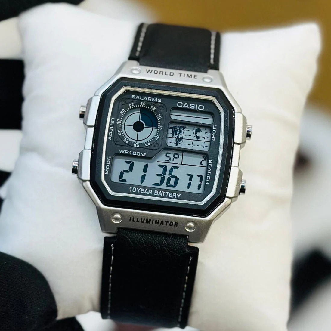 Casio Illuminator Vintage Digital Leather Strap Watch – World Map Display, Long Battery Life, Water Resistant, Formal & Casual Wristwatch with Premium Gift Box & Extra Batteries Code: 13279